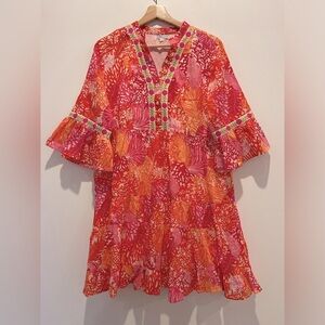 Debbie Katz South Beach Sinia Pink Orange Embroidered Trim Dress size M EUC